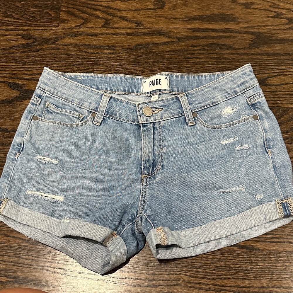 PAIGE Light Blue Distressed Jean Shorts